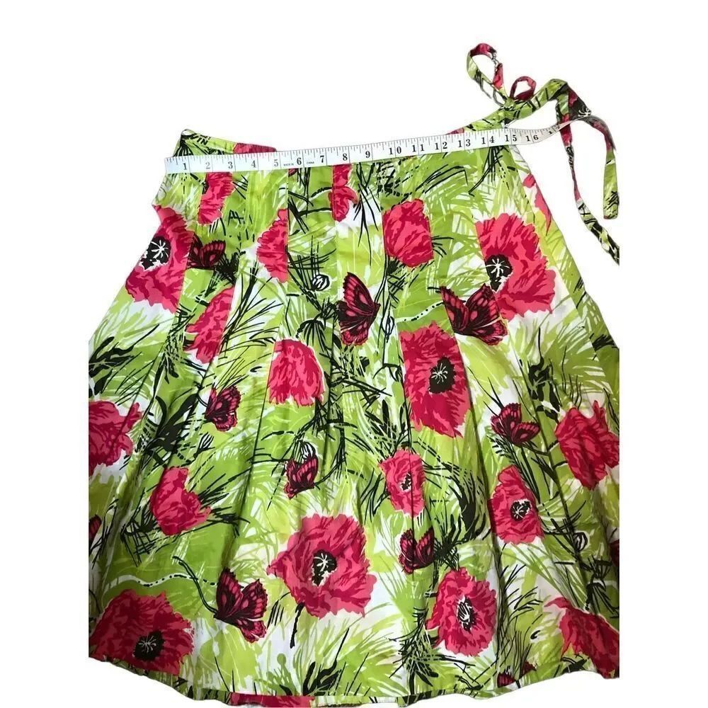 Talbots Poppy Butterfly Floral Green and Red Pleated Cotton Skirt 4P